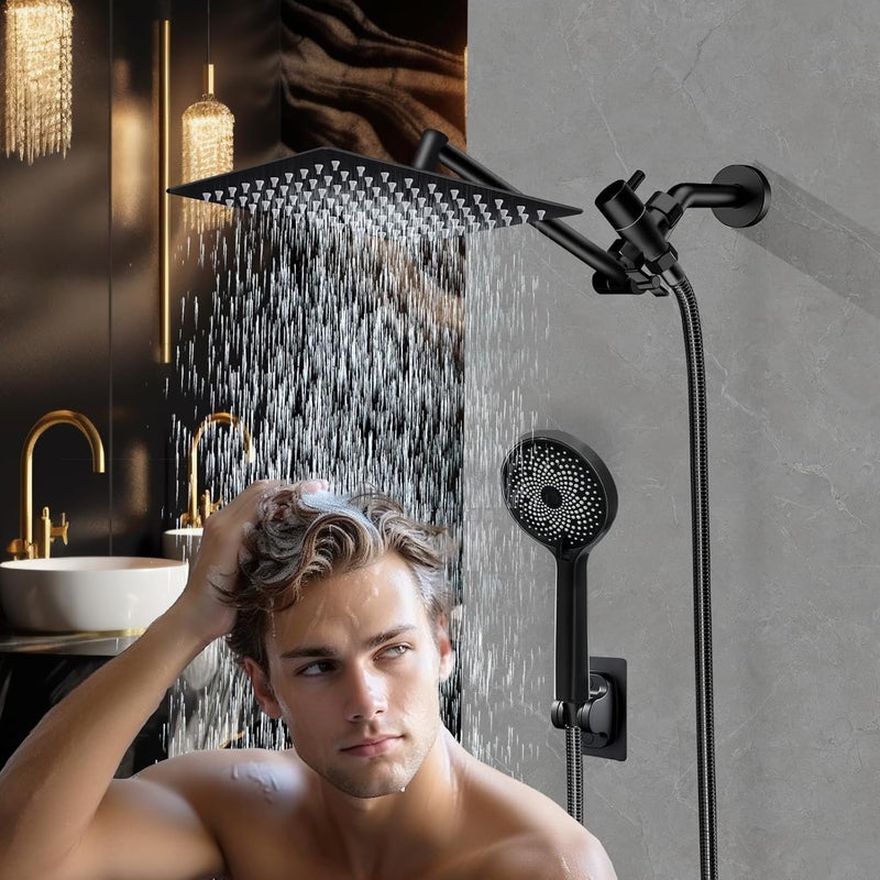 Yurnomy Shower Head,10”Rain Shower Head with Handheld Spray Combo with 11'' Angle Adjustable Extension Arm/Flow Regulator/Shower System,High Pressure Rainfall Shower Head Clean Bathroom,Matt Black - Image 4